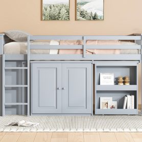 Rubber Wood Twin Loft Bed With Storage Cabinet, Drawer and Shelf Cabinet and Pulling-Out Desk