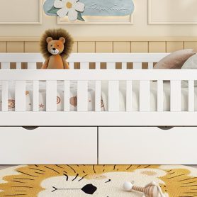 Wood Twin Size Platform Bed with Guardrail and 2 Drawers