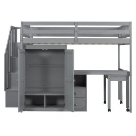 Full Size Loft Bed with Stairs, Bookshelf, Drawers, Desk & Wardrobe