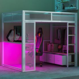 Full Size Metal Gaming Loft Bed with LED, Desk, Open Wardrobe and 3 Linen Storage Drawers