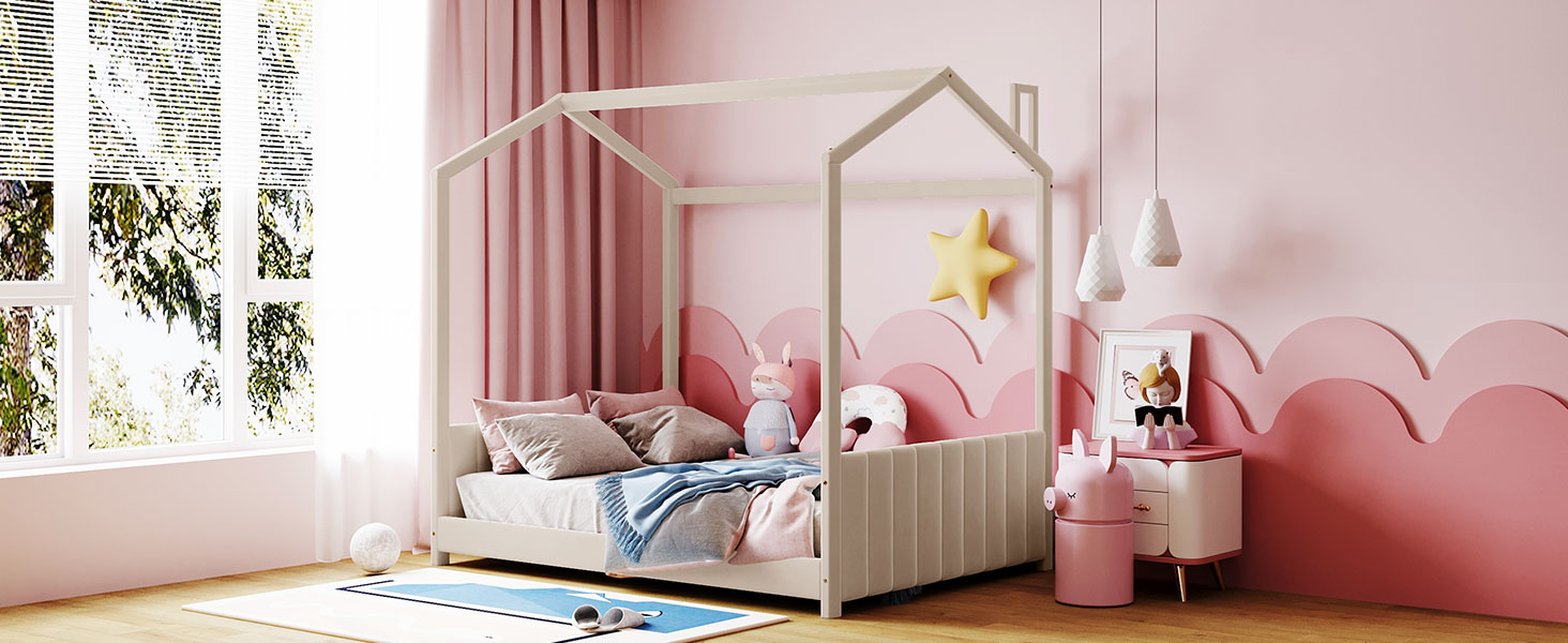 Wood Full Size Velvet House Bed 13 Wood Full Size Velvet House Bed