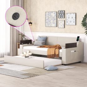 Twin Size Upholstery Daybed with Storage Arms, Trundle and USB