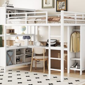 Full Size Metal Loft Bed With Wardrobe, L-shaped Desk, Storage Cubes And Shelves