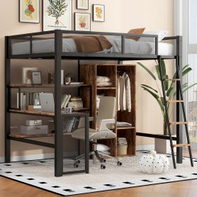 Full Size Metal Loft bed with Built-in Desk, Wardrobeand Shelves