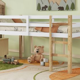Rubber Wooden Twin Loft Bed with Ladder,  Natural White