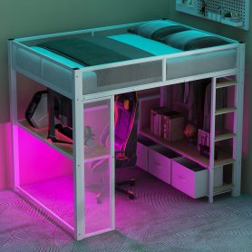 Full Size Metal Gaming Loft Bed with LED, Desk, Open Wardrobe and 3 Linen Storage Drawers