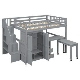 Full Size Loft Bed with Stairs, Bookshelf, Drawers, Desk & Wardrobe