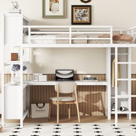 Full Size Metal Loft Bed With Wardrobe, L-shaped Desk, Storage Cubes And Shelves