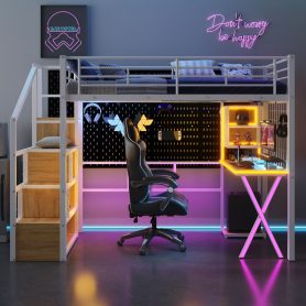 Twin Size Metal Loft Bed with Built-in Work Station, Wardrobe, Storage Staircase and LED