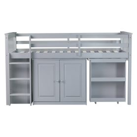 Rubber Wood Twin Loft Bed With Storage Cabinet, Drawer And Shelf Cabinet And Pulling-out Desk