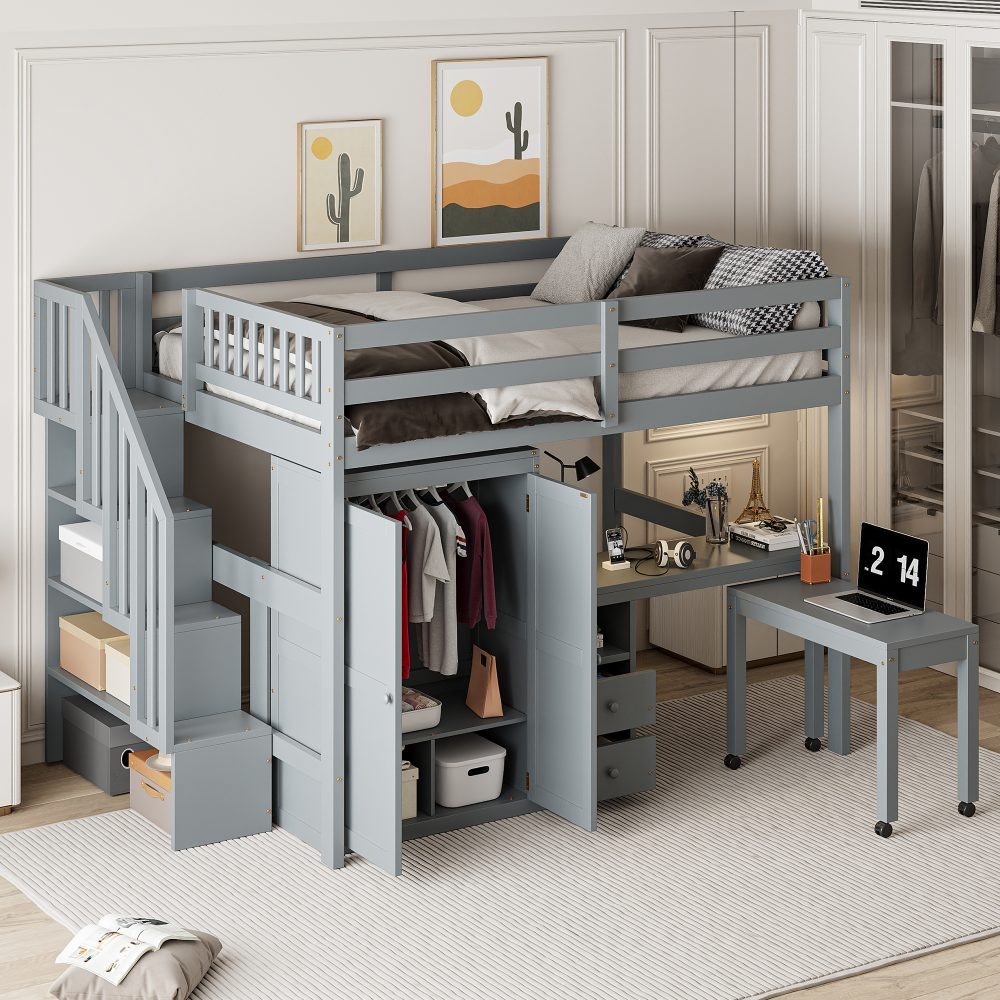 Full Size Loft Bed with Stairs, Bookshelf, Drawers, Desk & Wardrobe ...