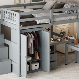 Full Size Loft Bed with Stairs, Bookshelf, Drawers, Desk & Wardrobe