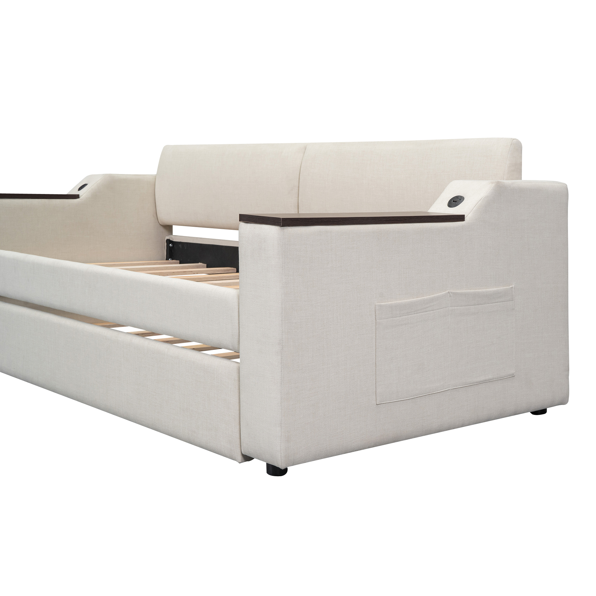 Twin Size Upholstery Daybed with Storage Arms, Trundle and USB 18 Twin Size Upholstery Daybed with Storage Arms, Trundle and USB