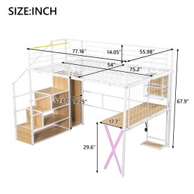 Full Size Metal Loft Bed with Built-in Work Station, Wardrobe, Storage Staircase and LED