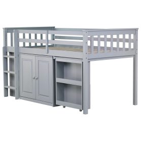 Rubber Wood Twin Loft Bed With Storage Cabinet, Drawer And Shelf Cabinet And Pulling-out Desk
