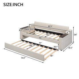 Twin Size Upholstery Daybed with Storage Arms, Trundle and USB 33 Twin Size Upholstery Daybed with Storage Arms, Trundle and USB