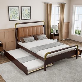Wooden Queen Size Platform Bed With 2 Big Drawers and T-Xl Size Trundle