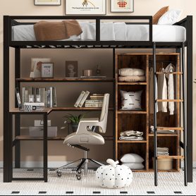 Full Size Metal Loft bed with Built-in Desk, Wardrobeand Shelves