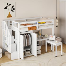 Twin Size Loft Bed with Stairs, Bookshelf, Drawers, Desk & Wardrobe