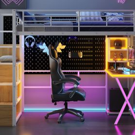 Twin Size Metal Loft Bed with Built-in Work Station, Wardrobe, Storage Staircase and LED