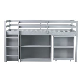 Rubber Wood Twin Loft Bed With Drawer Cabinet, Shelf Cabinet, Pulling-out Desk And Safety Guardrail 30 Rubber Wood Twin Loft Bed With Drawer Cabinet, Shelf Cabinet, Pulling-out Desk And Safety Guardrail