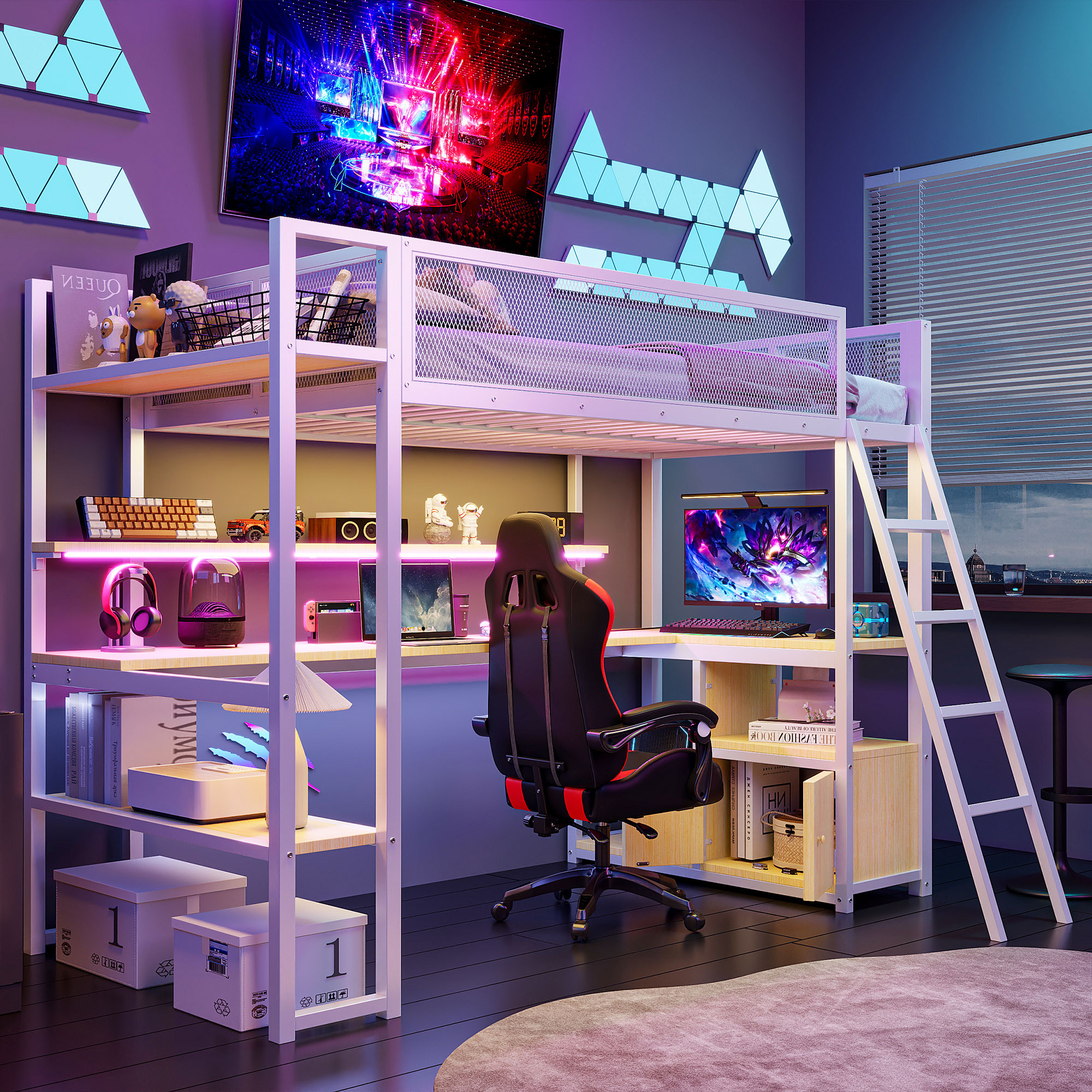 Twin Size Metal Loft Bed with Built-in Work Station, LED and Multiple Storage