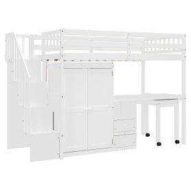 Twin Size Loft Bed with Stairs, Bookshelf, Drawers, Desk & Wardrobe