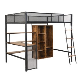 Full Size Metal Loft bed with Built-in Desk, Wardrobeand Shelves