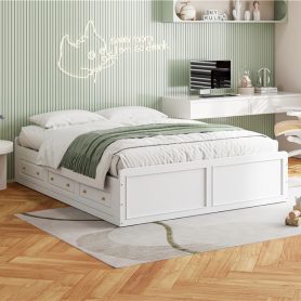 Wood Queen Size Platform Bed Frame with 6 Drawers
