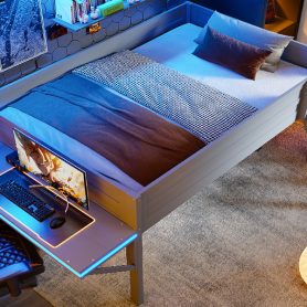Wood Full Size Gaming Loft Bed with Desk and LED