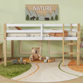Rubber Wooden Twin Loft Bed with Ladder,  Natural White