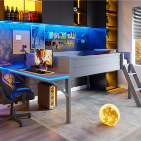 Wood Full Size Gaming Loft Bed with Desk and LED