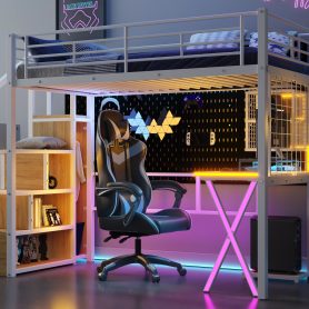 Twin Size Metal Loft Bed with Built-in Work Station, Wardrobe, Storage Staircase and LED