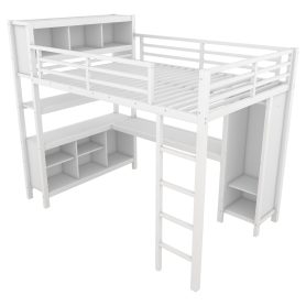 Full Size Metal Loft Bed With Wardrobe, L-shaped Desk, Storage Cubes And Shelves