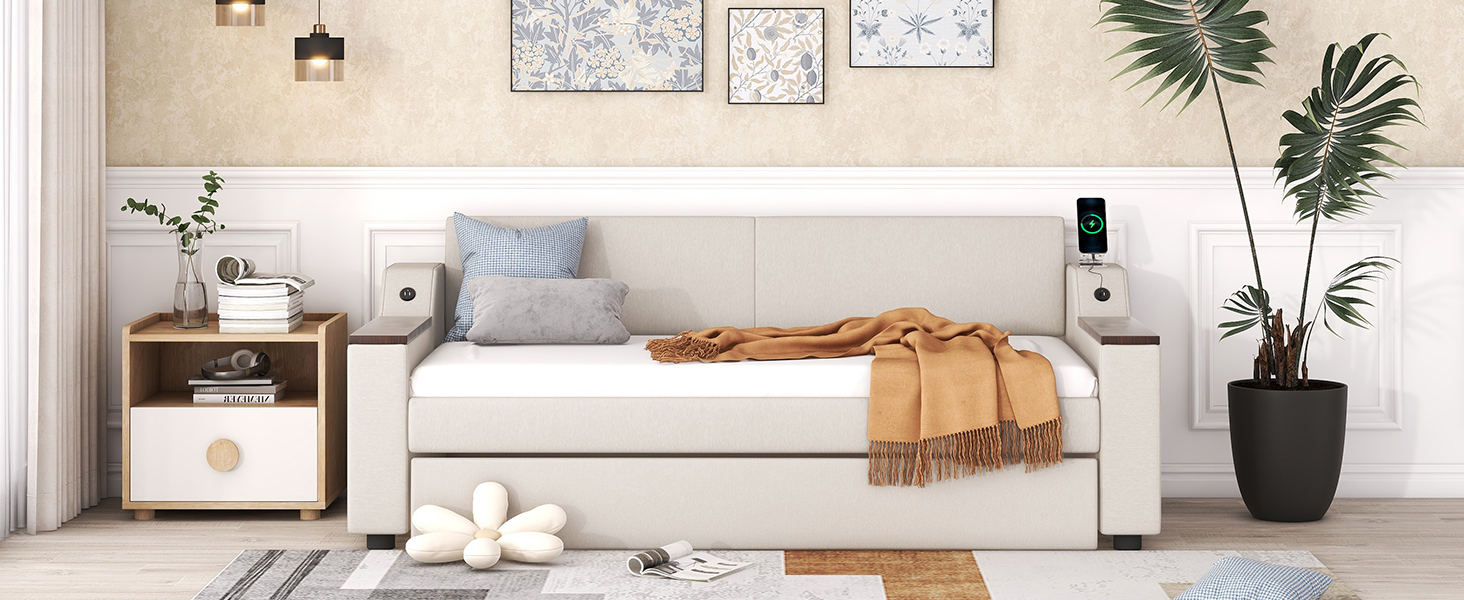 Twin Size Upholstery Daybed with Storage Arms, Trundle and USB 12 Twin Size Upholstery Daybed with Storage Arms, Trundle and USB