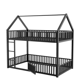 Metal Twin Over Twin House Bunk Bed With Fence And Door