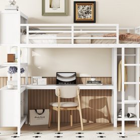 Full Size Metal Loft Bed With Wardrobe, L-shaped Desk, Storage Cubes And Shelves