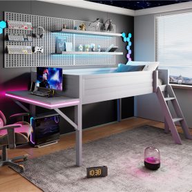 Wood Twin Size Gaming Loft Bed with Desk and LED