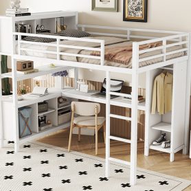 Full Size Metal Loft Bed With Wardrobe, L-shaped Desk, Storage Cubes And Shelves