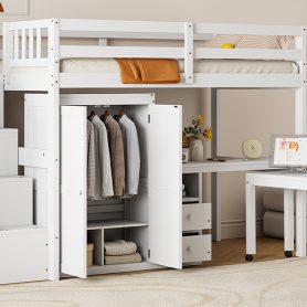 Twin Size Loft Bed with Stairs, Bookshelf, Drawers, Desk & Wardrobe