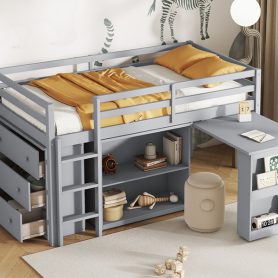 Rubber Wood Twin Loft Bed With Drawer Cabinet, Shelf Cabinet, Pulling-out Desk And Safety Guardrail 43 Rubber Wood Twin Loft Bed With Drawer Cabinet, Shelf Cabinet, Pulling-out Desk And Safety Guardrail