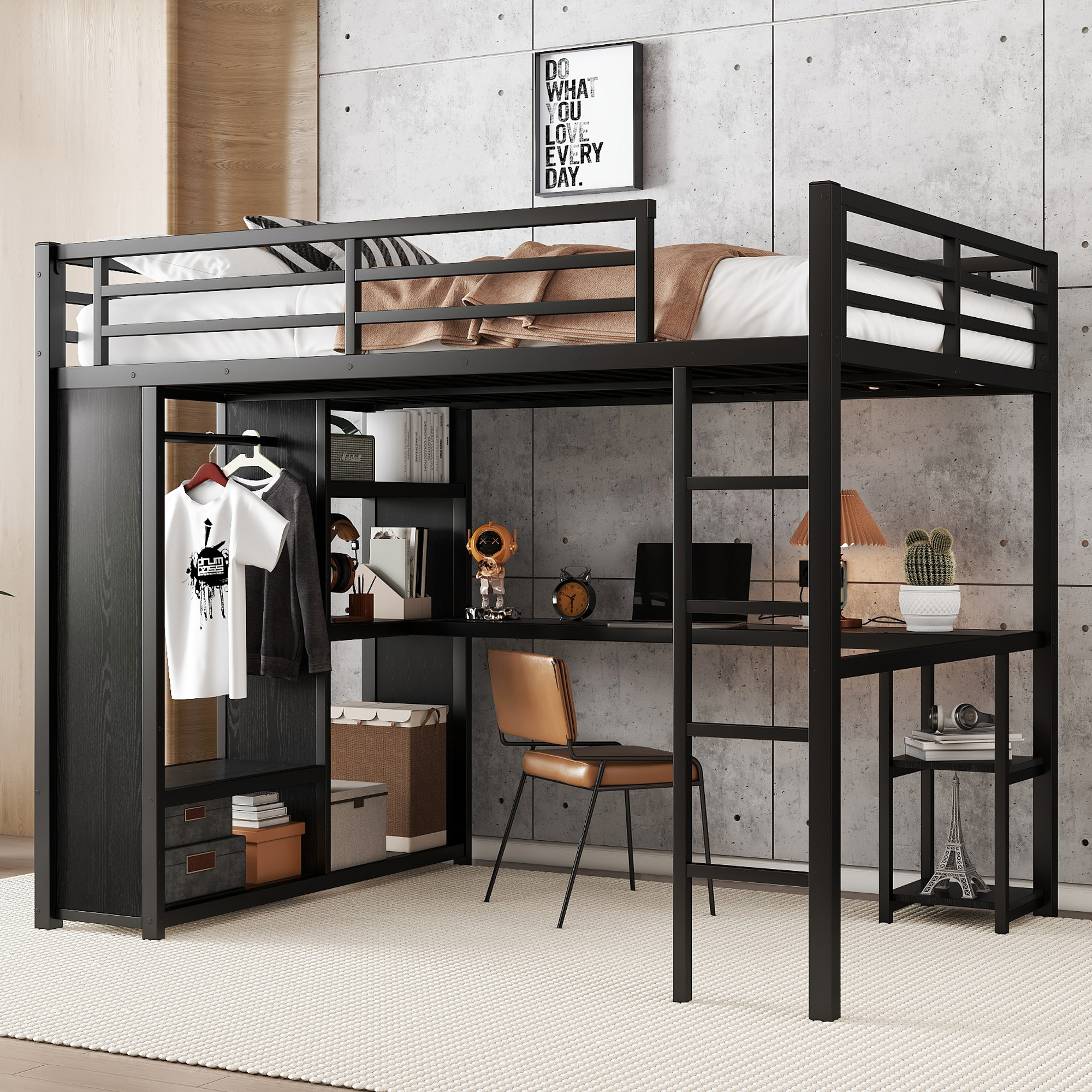 Queen Size Metal Loft Bed Frame with Built-in Wardrobe, Desk and Storage Shelves