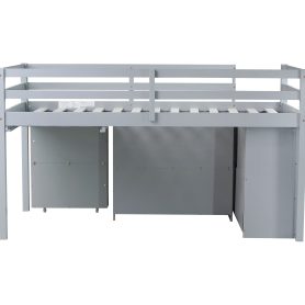 Rubber Wood Twin Loft Bed With Drawer Cabinet, Shelf Cabinet, Pulling-out Desk And Safety Guardrail 36 Rubber Wood Twin Loft Bed With Drawer Cabinet, Shelf Cabinet, Pulling-out Desk And Safety Guardrail