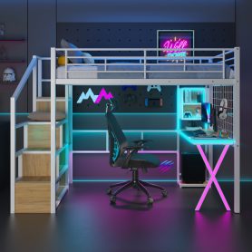 Full Size Metal Loft Bed with Built-in Work Station, Wardrobe, Storage Staircase and LED