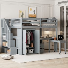Full Size Loft Bed with Stairs, Bookshelf, Drawers, Desk & Wardrobe