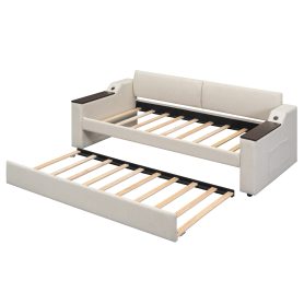 Twin Size Upholstery Daybed with Storage Arms, Trundle and USB 39 Twin Size Upholstery Daybed with Storage Arms, Trundle and USB