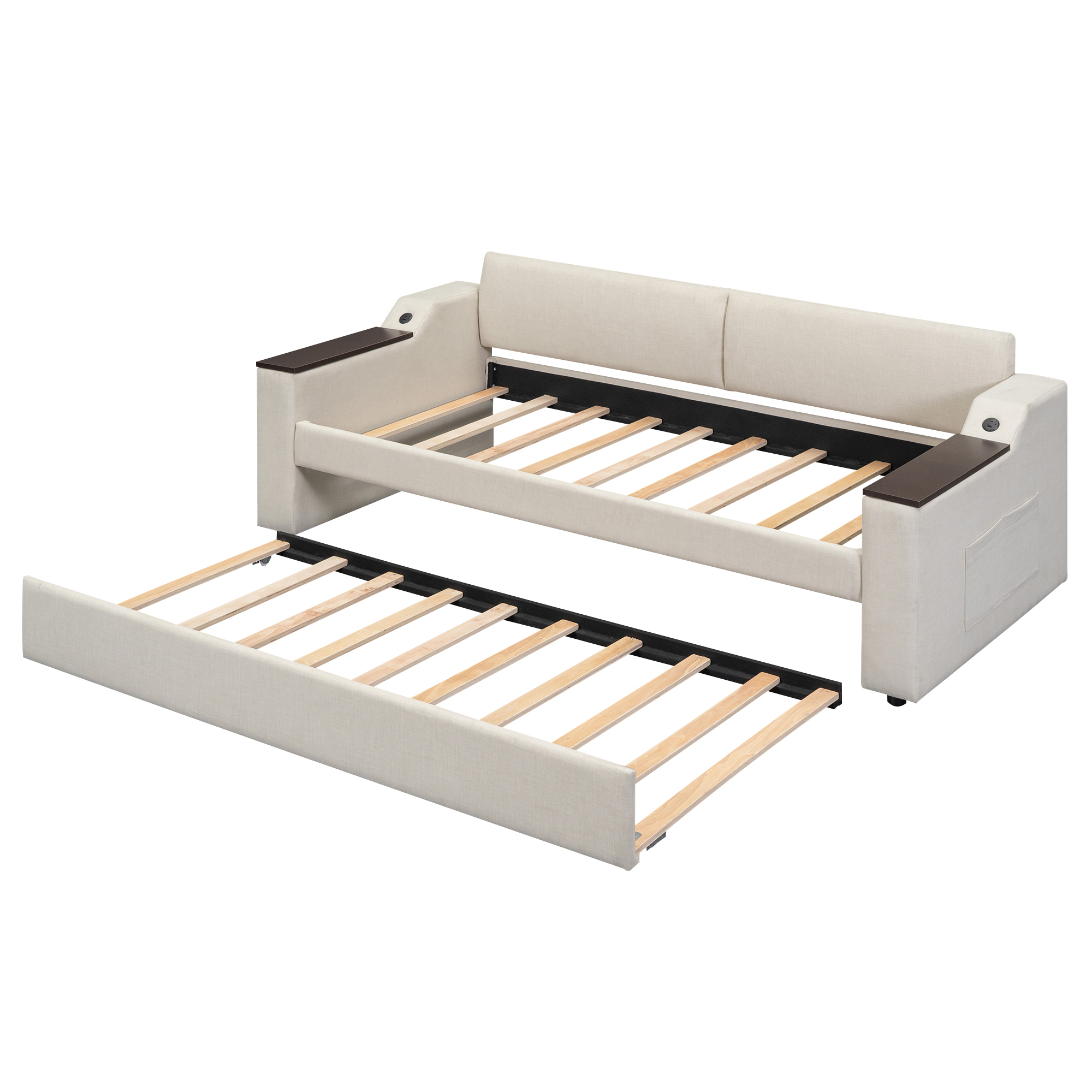 Twin Size Upholstery Daybed with Storage Arms, Trundle and USB 19 Twin Size Upholstery Daybed with Storage Arms, Trundle and USB