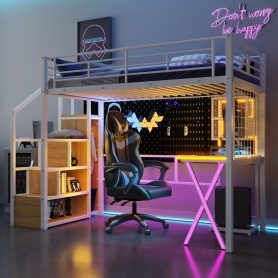 Twin Size Metal Loft Bed with Built-in Work Station, Wardrobe, Storage Staircase and LED
