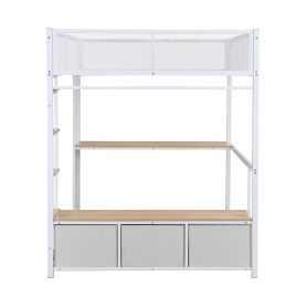 Full Size Metal Gaming Loft Bed with LED, Desk, Open Wardrobe and 3 Linen Storage Drawers