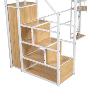 Twin Size Metal Loft Bed with Built-in Work Station, Wardrobe, Storage Staircase and LED